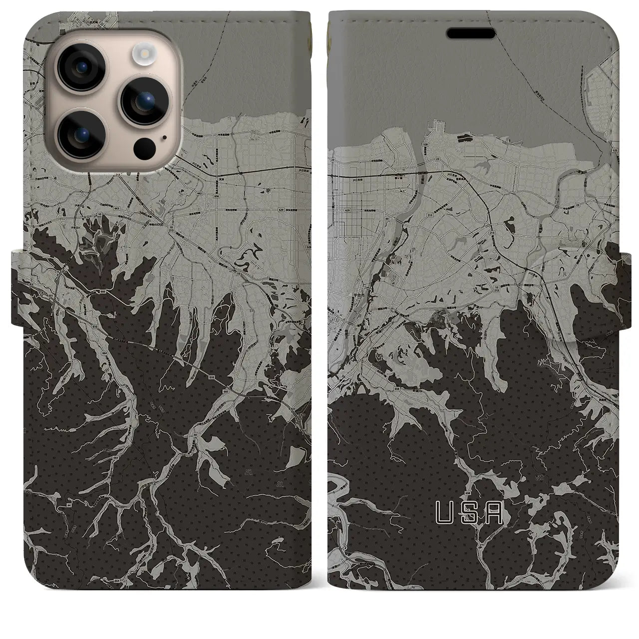 【宇佐(大分県)】地図柄iPhoneケース(手帳タイプ)モノトーン・iPhone 16 Plus 用