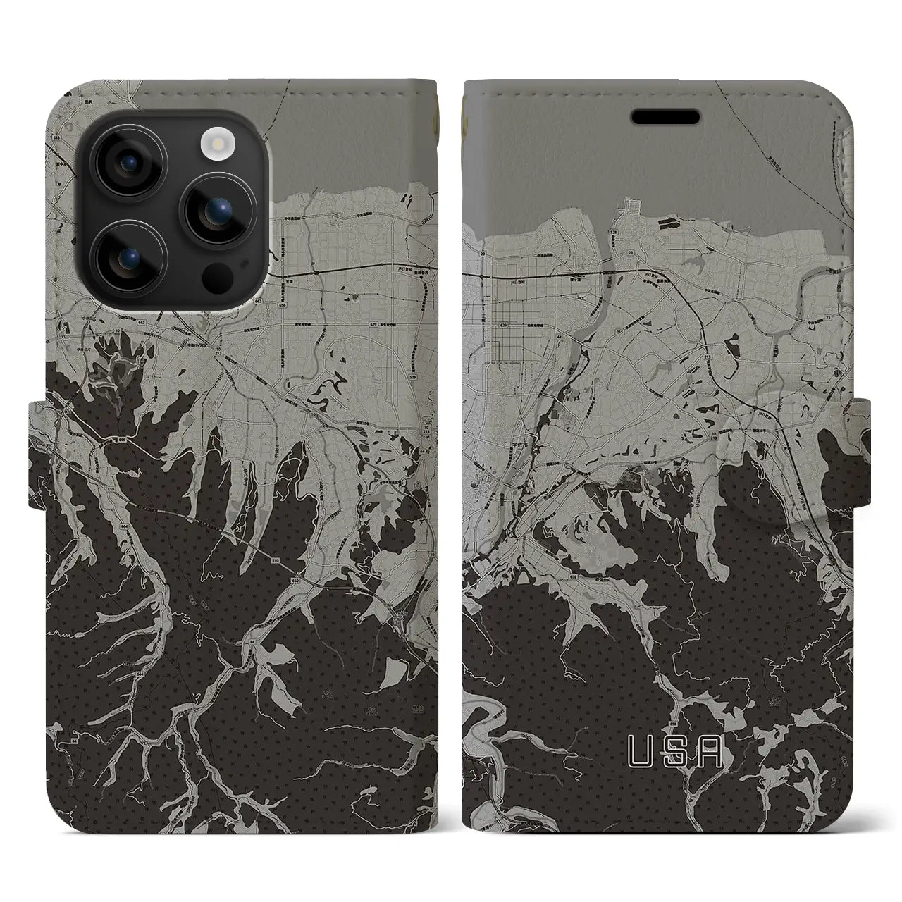 【宇佐(大分県)】地図柄iPhoneケース(手帳タイプ)モノトーン・iPhone 16 用