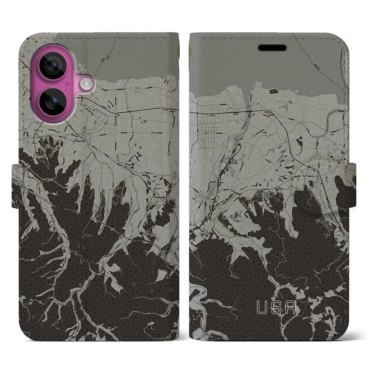 【宇佐(大分県)】地図柄iPhoneケース(手帳タイプ)モノトーン・iPhone 16 Pro 用