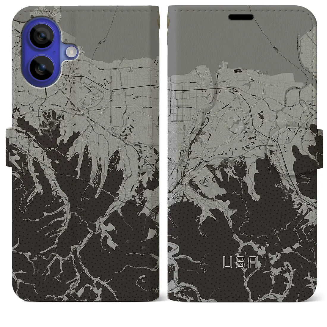 【宇佐(大分県)】地図柄iPhoneケース(手帳タイプ)モノトーン・iPhone 16 Pro Max 用