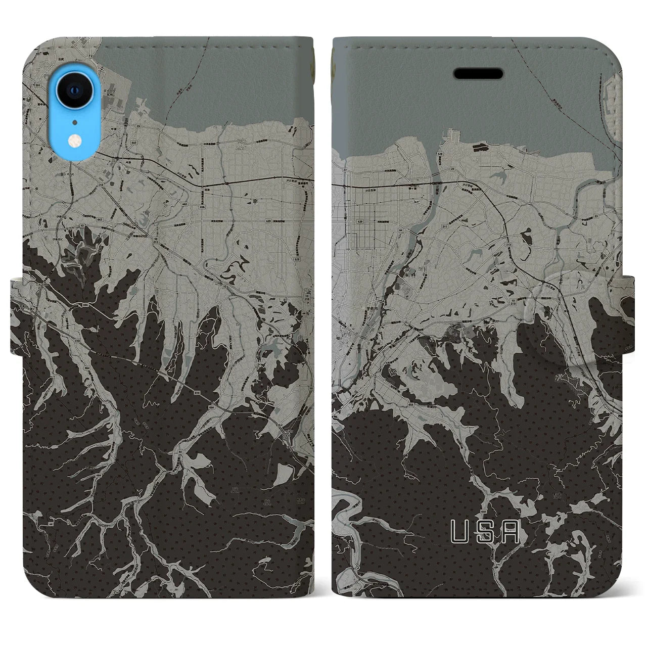 【宇佐(大分県)】地図柄iPhoneケース(手帳タイプ)モノトーン・iPhone XR 用