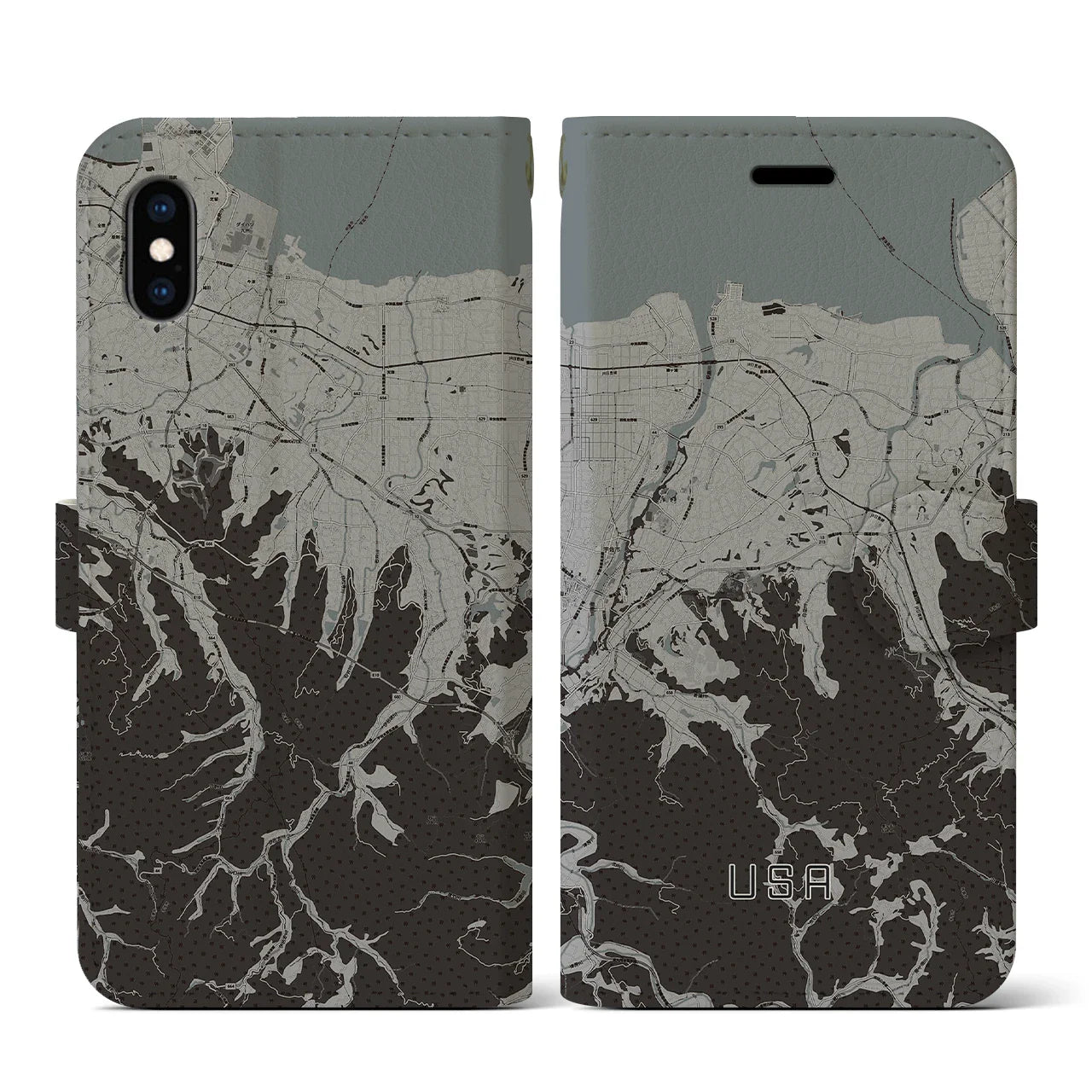 【宇佐(大分県)】地図柄iPhoneケース(手帳タイプ)モノトーン・iPhone XS / X 用
