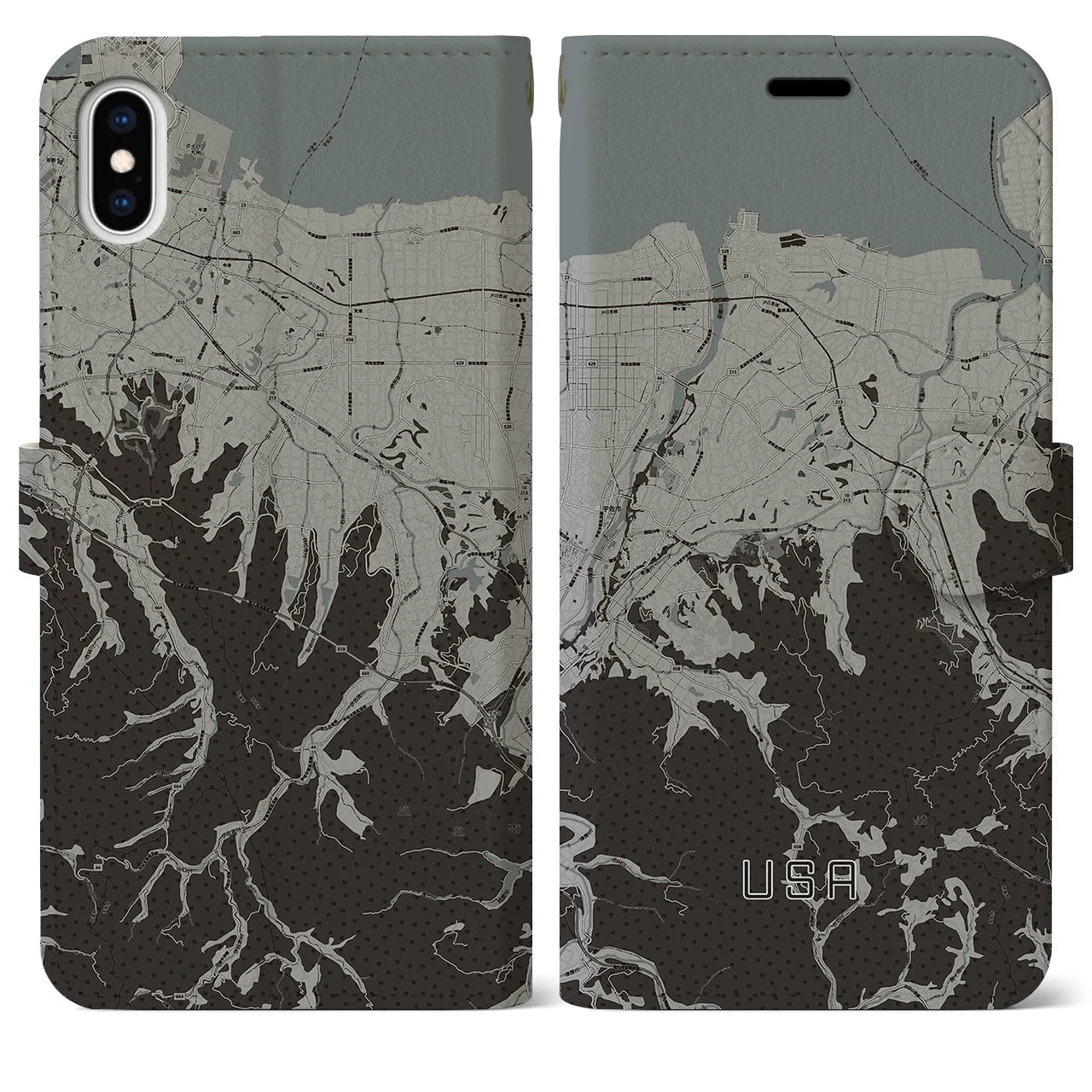 【宇佐(大分県)】地図柄iPhoneケース(手帳タイプ)モノトーン・iPhone XS Max 用