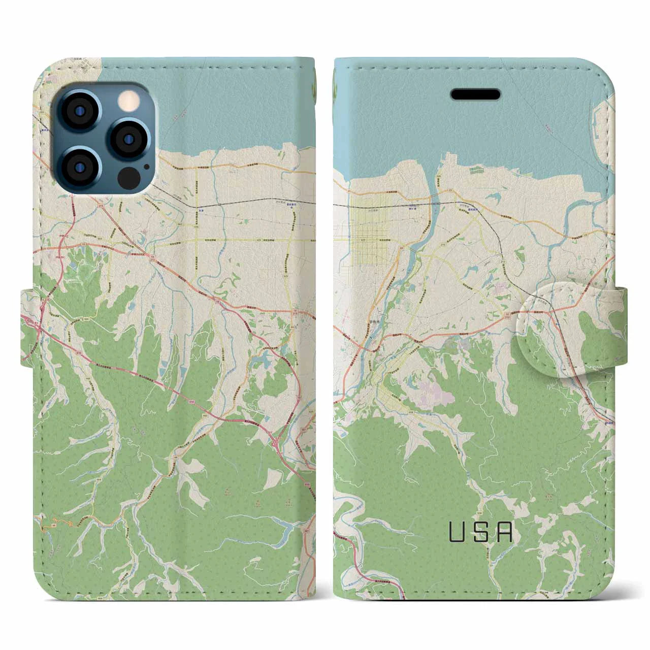 【宇佐(大分県)】地図柄iPhoneケース(手帳タイプ)ナチュラル・iPhone 12 / 12 Pro 用