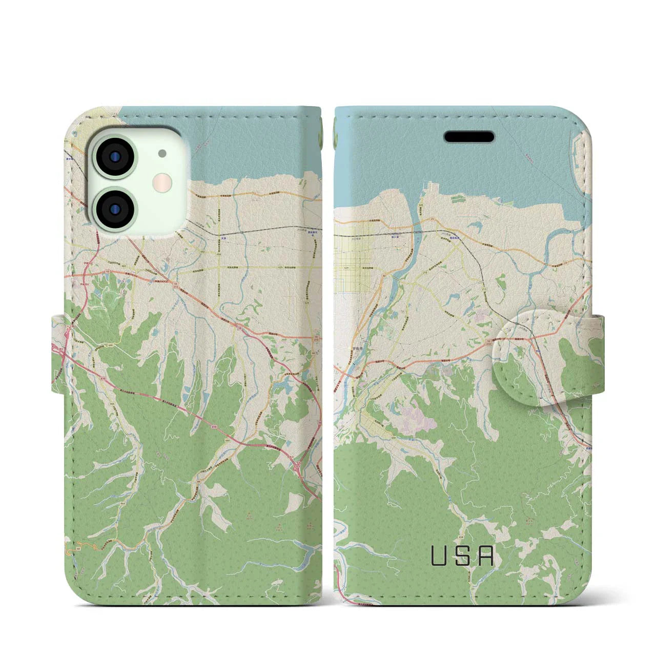【宇佐(大分県)】地図柄iPhoneケース(手帳タイプ)ナチュラル・iPhone 12 mini 用