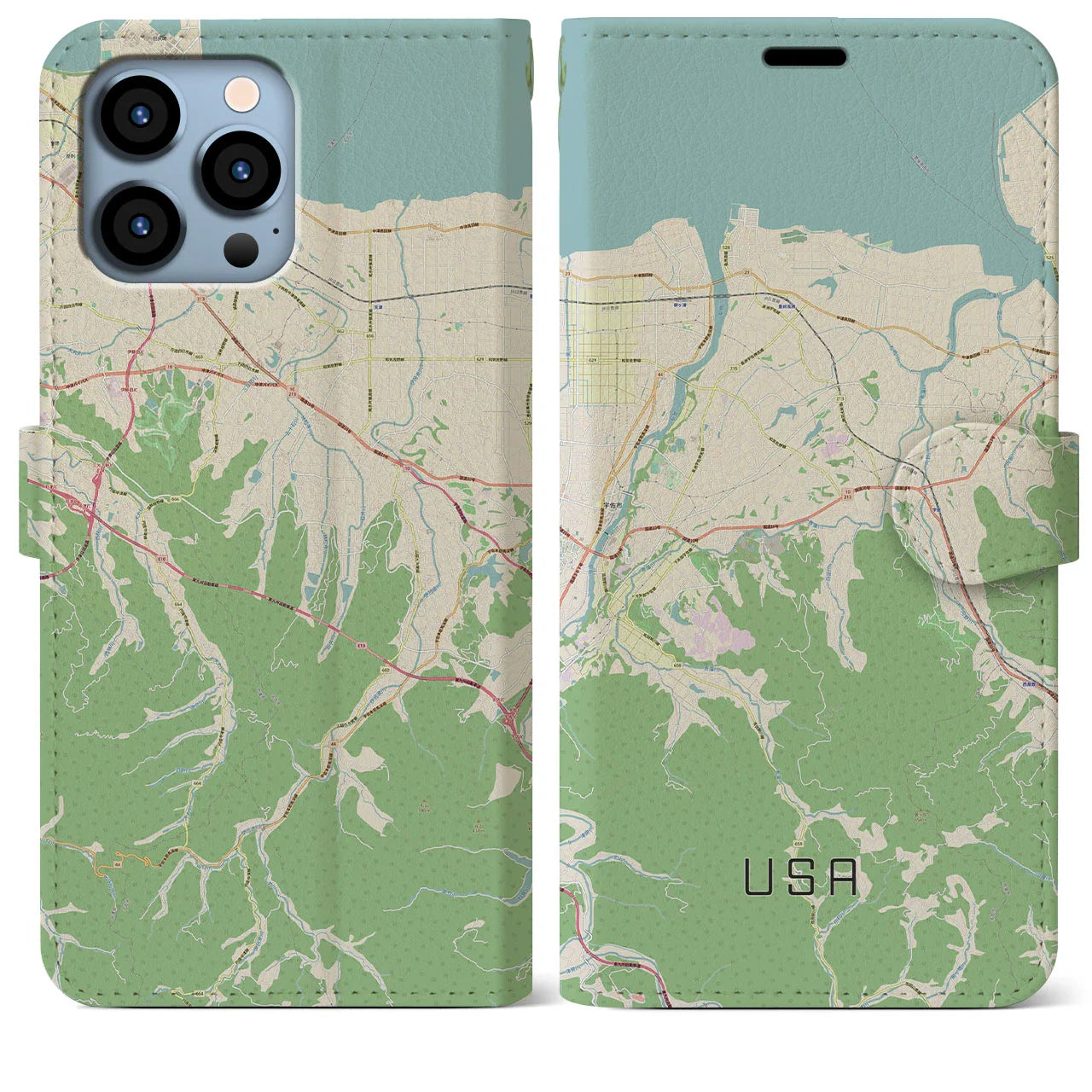 【宇佐(大分県)】地図柄iPhoneケース(手帳タイプ)ナチュラル・iPhone 13 Pro Max 用