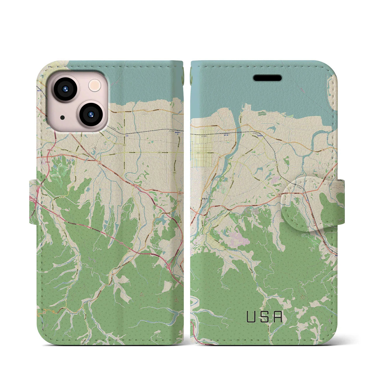 【宇佐(大分県)】地図柄iPhoneケース(手帳タイプ)ナチュラル・iPhone 13 mini 用