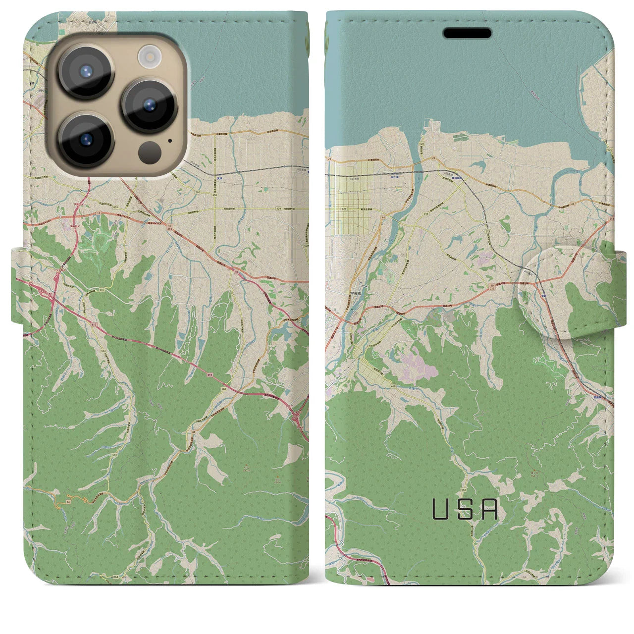 【宇佐(大分県)】地図柄iPhoneケース(手帳タイプ)ナチュラル・iPhone 14 Pro Max 用
