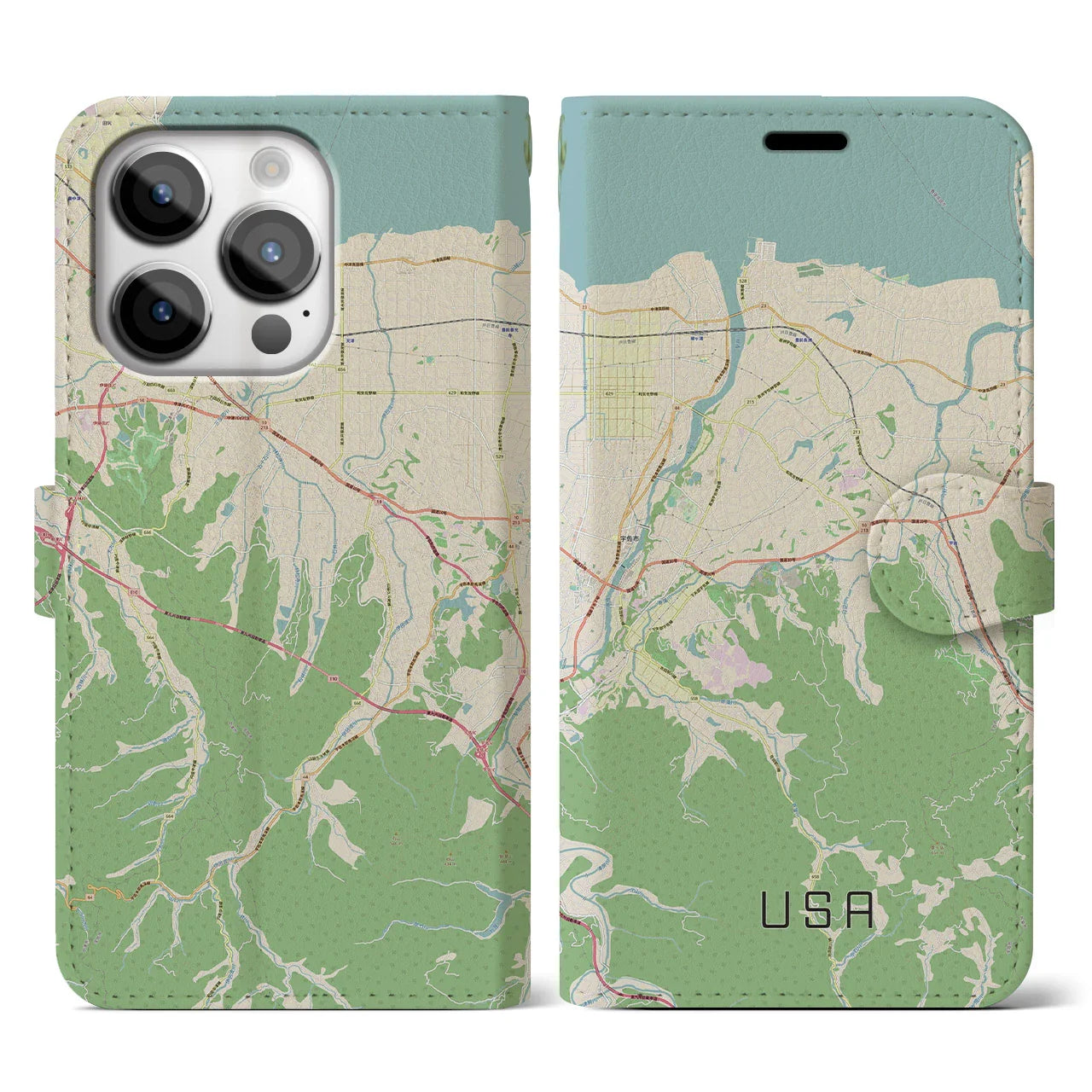 【宇佐(大分県)】地図柄iPhoneケース(手帳タイプ)ナチュラル・iPhone 14 Pro 用