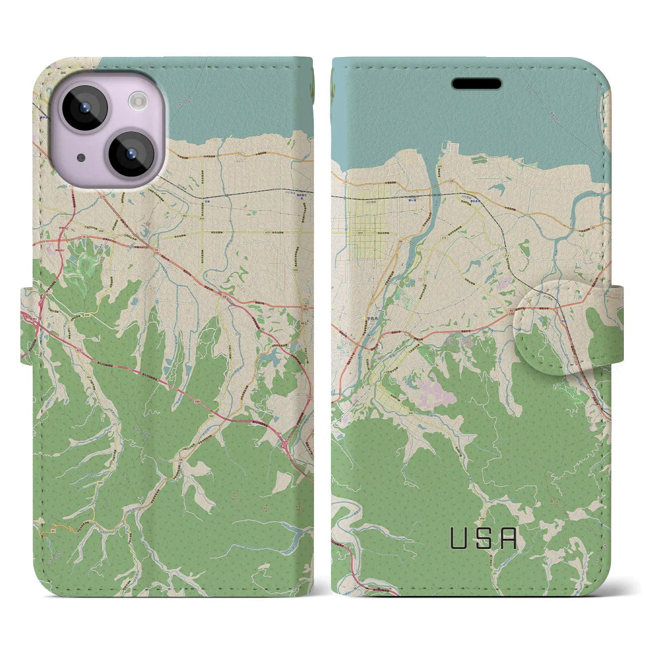 【宇佐(大分県)】地図柄iPhoneケース(手帳タイプ)ナチュラル・iPhone 14 用