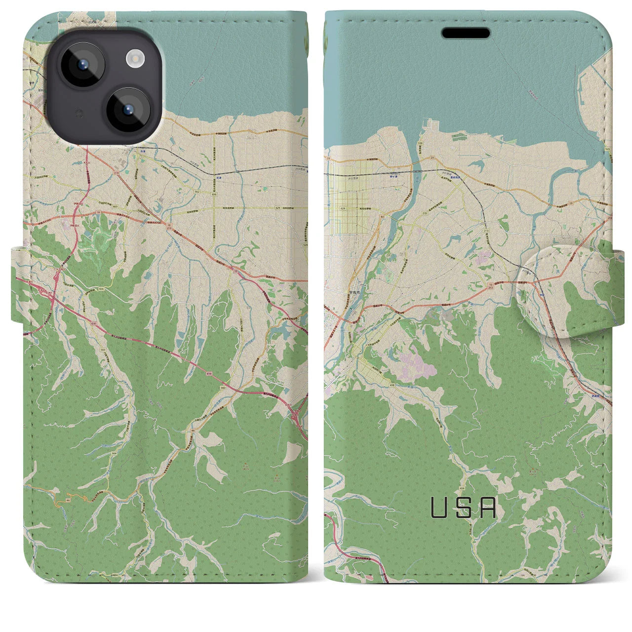 【宇佐(大分県)】地図柄iPhoneケース(手帳タイプ)ナチュラル・iPhone 14 Plus 用