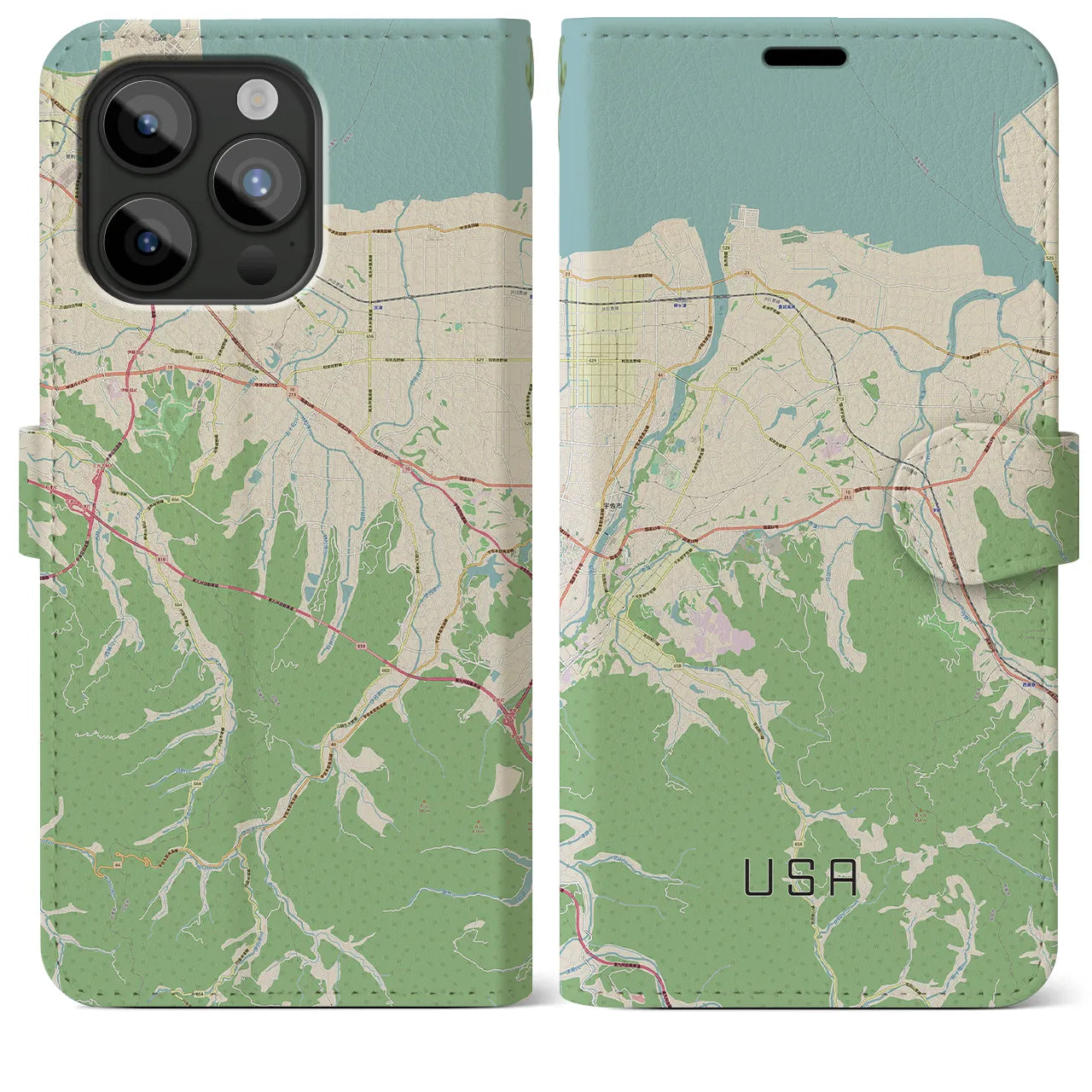 【宇佐(大分県)】地図柄iPhoneケース(手帳タイプ)ナチュラル・iPhone 15 Pro Max 用