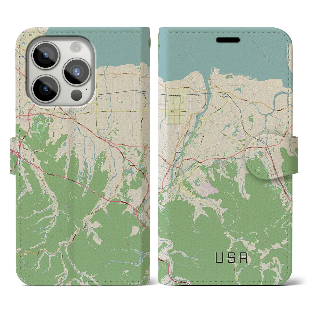【宇佐(大分県)】地図柄iPhoneケース(手帳タイプ)ナチュラル・iPhone 15 Pro 用