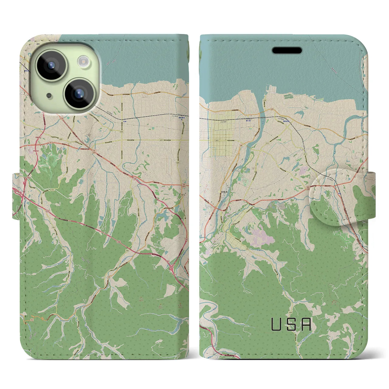 【宇佐(大分県)】地図柄iPhoneケース(手帳タイプ)ナチュラル・iPhone 15 用