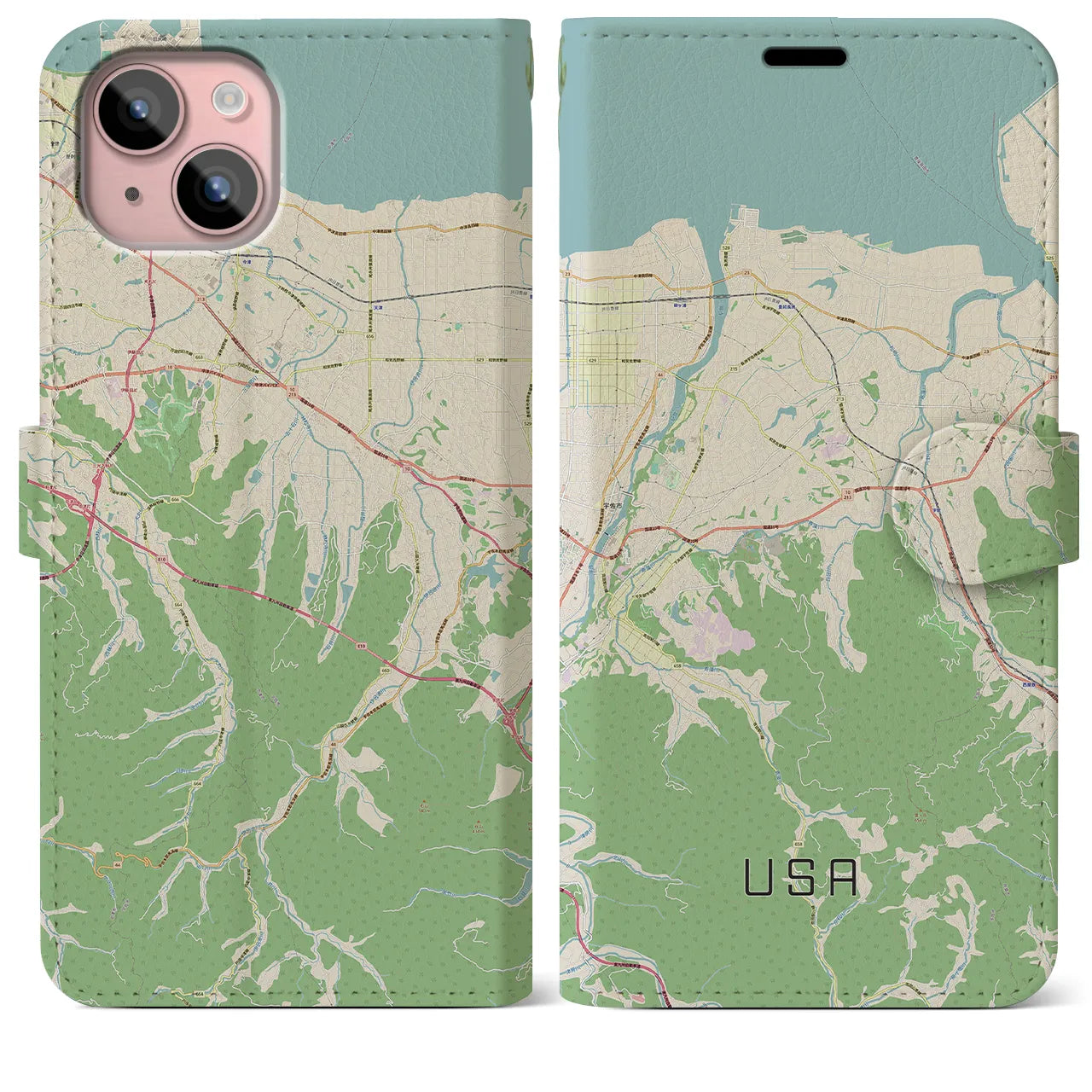 【宇佐(大分県)】地図柄iPhoneケース(手帳タイプ)ナチュラル・iPhone 15 Plus 用