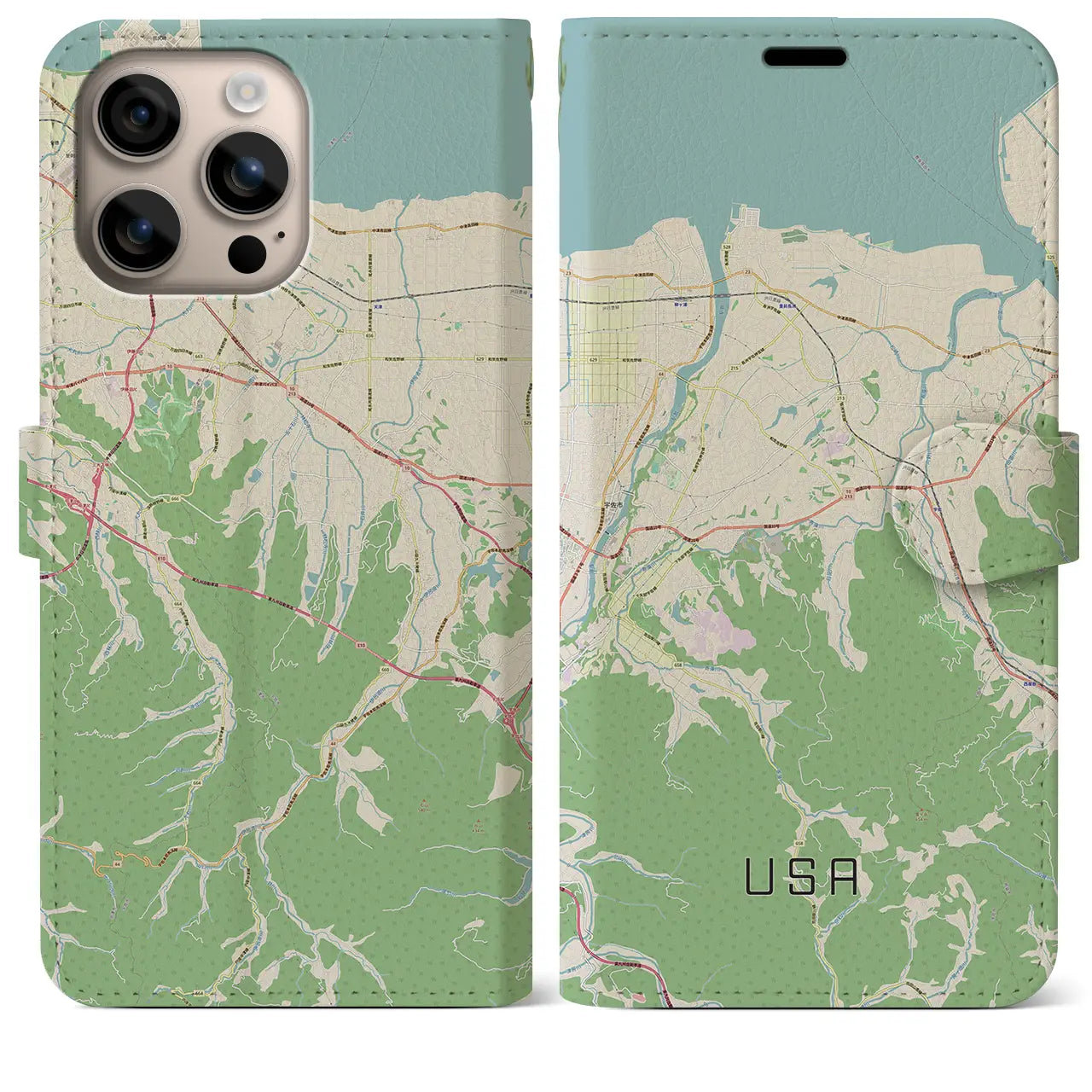 【宇佐(大分県)】地図柄iPhoneケース(手帳タイプ)ナチュラル・iPhone 16 Plus 用
