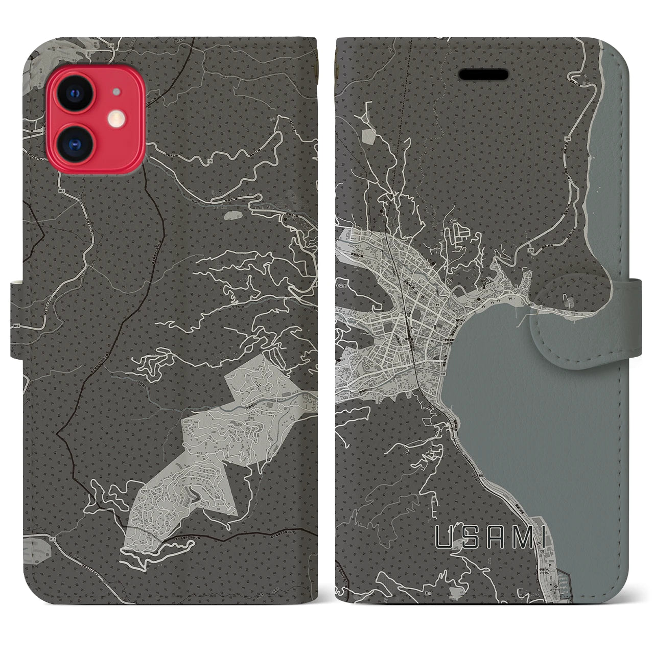 【宇佐美(静岡県)】地図柄iPhoneケース(手帳タイプ)モノトーン・iPhone 11 用