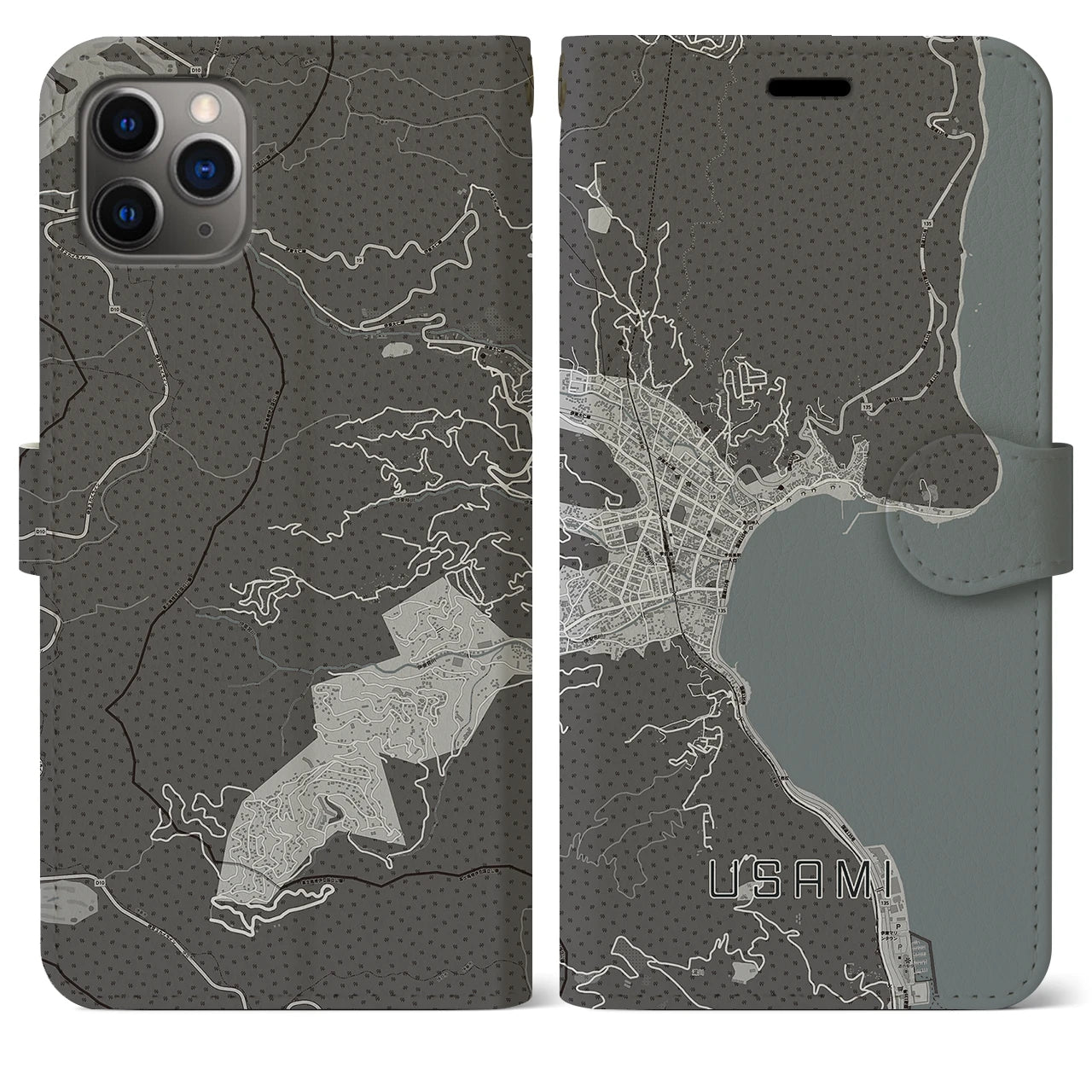【宇佐美(静岡県)】地図柄iPhoneケース(手帳タイプ)モノトーン・iPhone 11 Pro Max 用