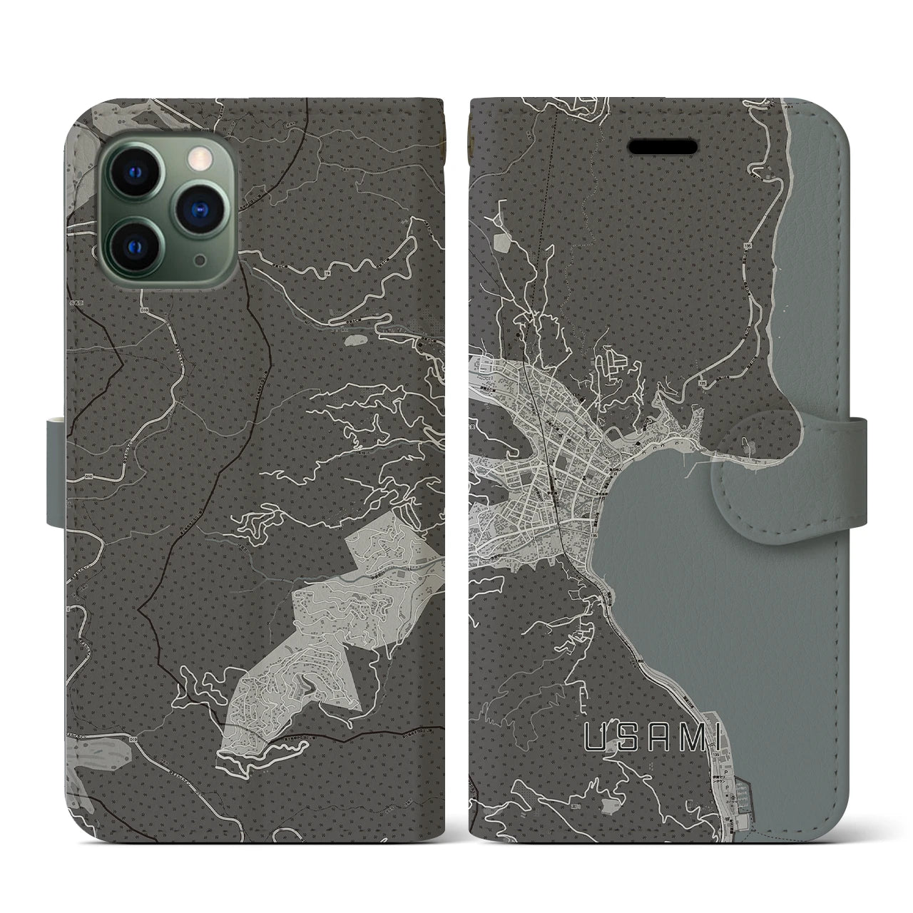 【宇佐美(静岡県)】地図柄iPhoneケース(手帳タイプ)モノトーン・iPhone 11 Pro 用