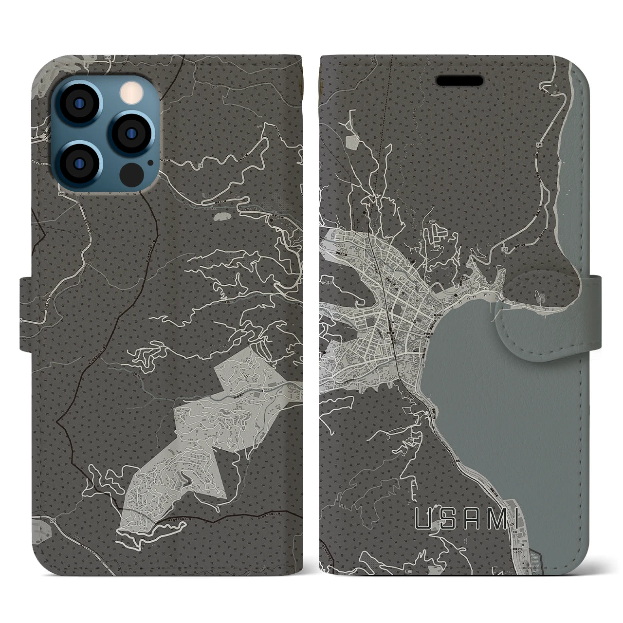 【宇佐美(静岡県)】地図柄iPhoneケース(手帳タイプ)モノトーン・iPhone 12 / 12 Pro 用