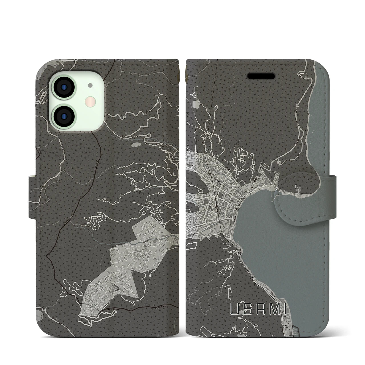 【宇佐美(静岡県)】地図柄iPhoneケース(手帳タイプ)モノトーン・iPhone 12 mini 用