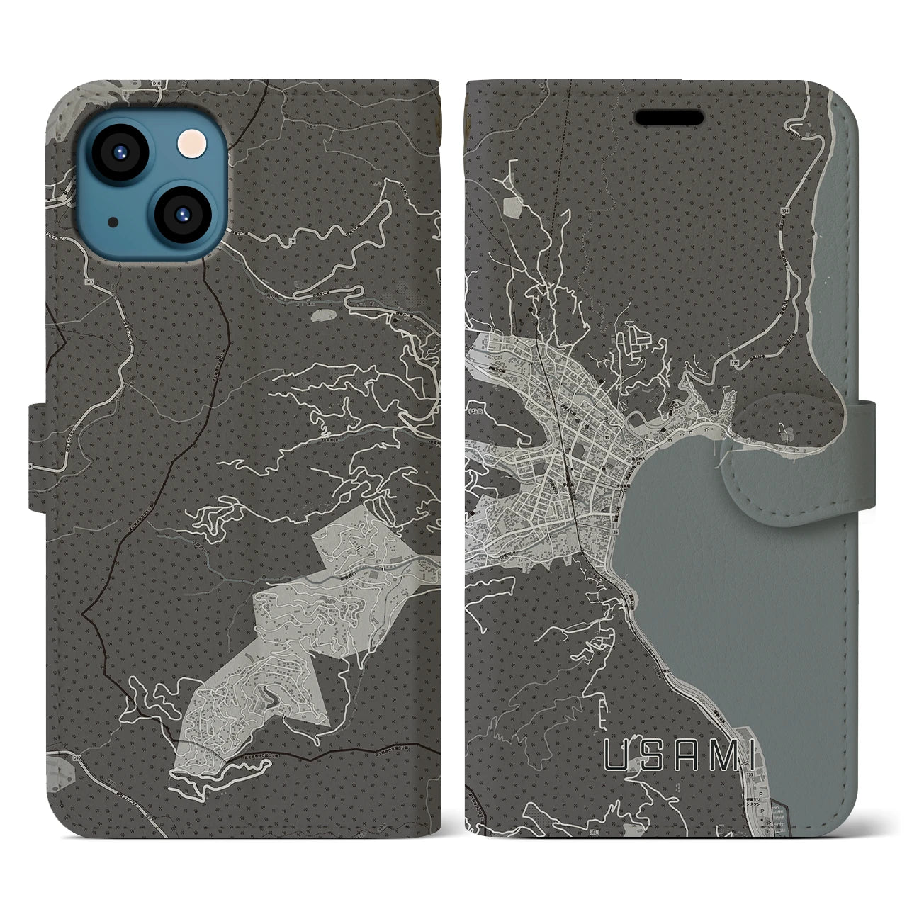 【宇佐美(静岡県)】地図柄iPhoneケース(手帳タイプ)モノトーン・iPhone 13 用