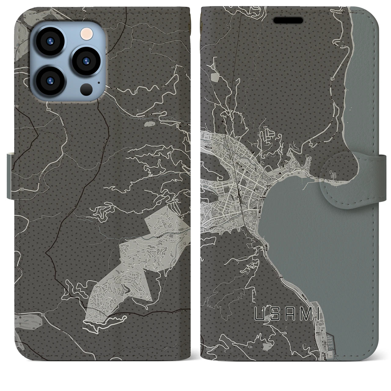 【宇佐美(静岡県)】地図柄iPhoneケース(手帳タイプ)モノトーン・iPhone 13 Pro Max 用