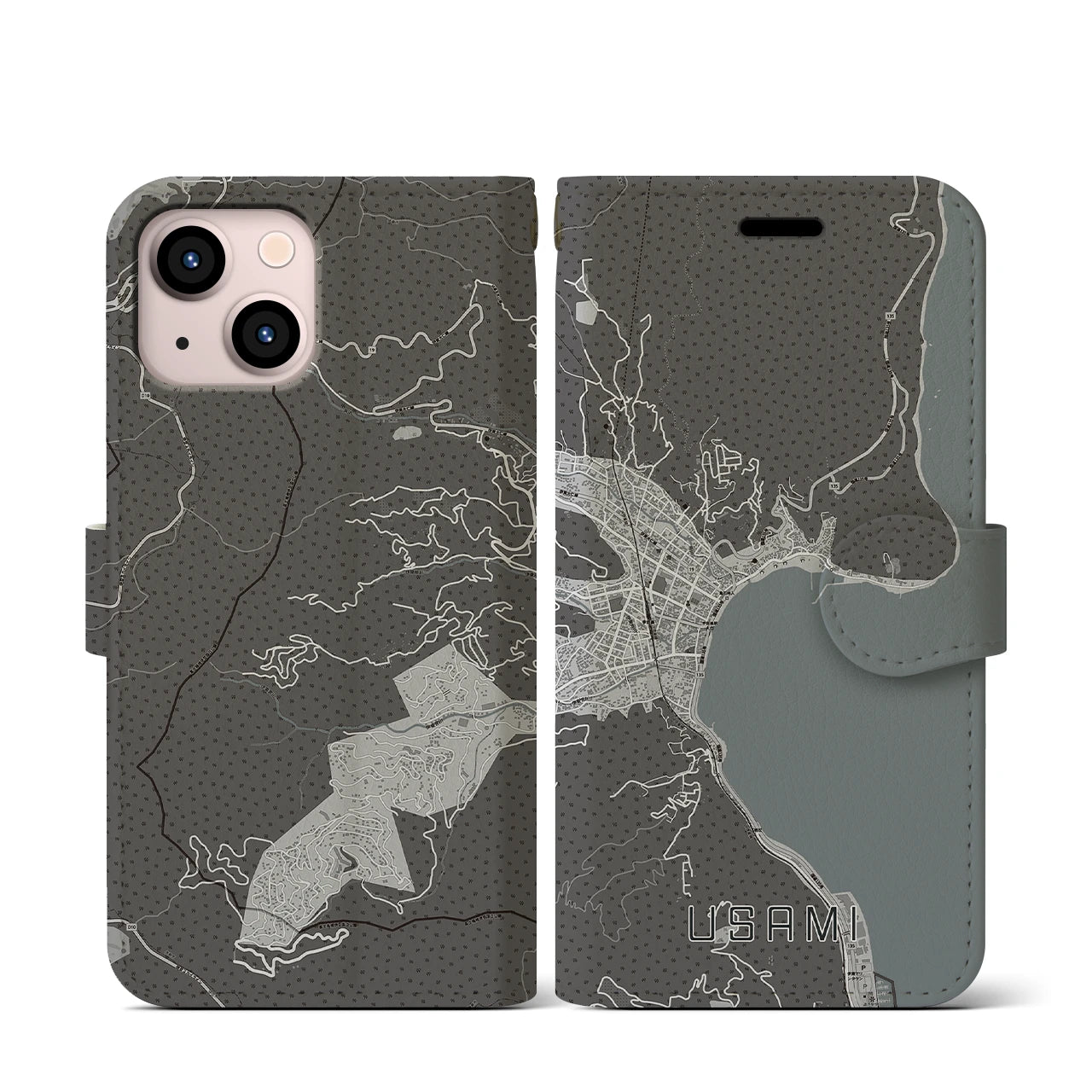 【宇佐美(静岡県)】地図柄iPhoneケース(手帳タイプ)モノトーン・iPhone 13 mini 用
