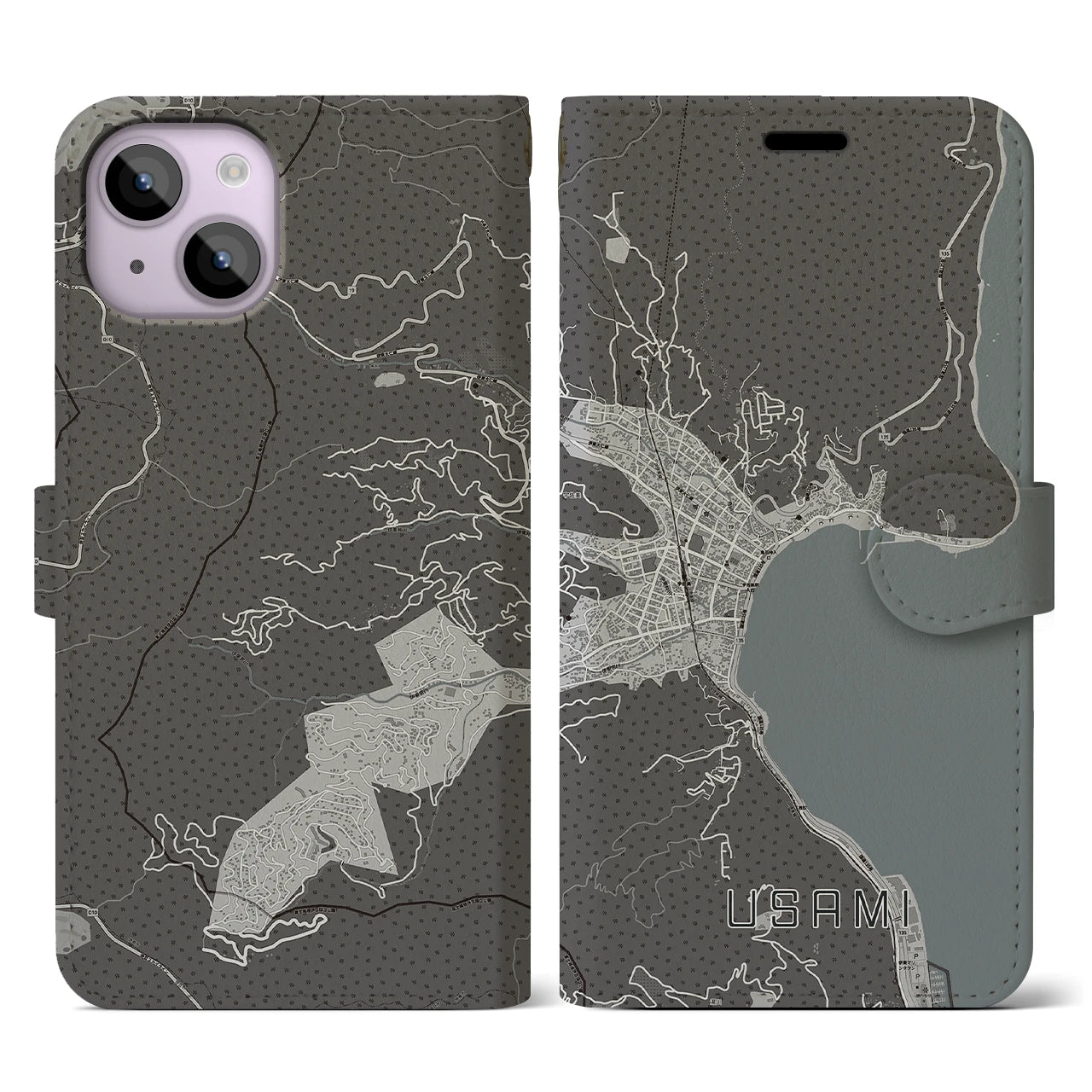 【宇佐美(静岡県)】地図柄iPhoneケース(手帳タイプ)モノトーン・iPhone 14 用