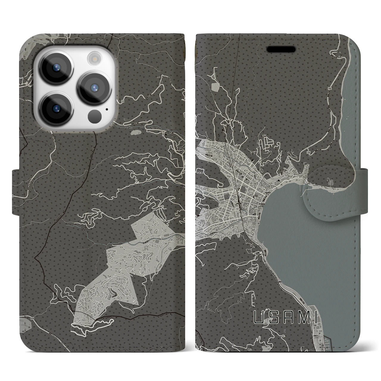 【宇佐美(静岡県)】地図柄iPhoneケース(手帳タイプ)モノトーン・iPhone 14 Pro 用