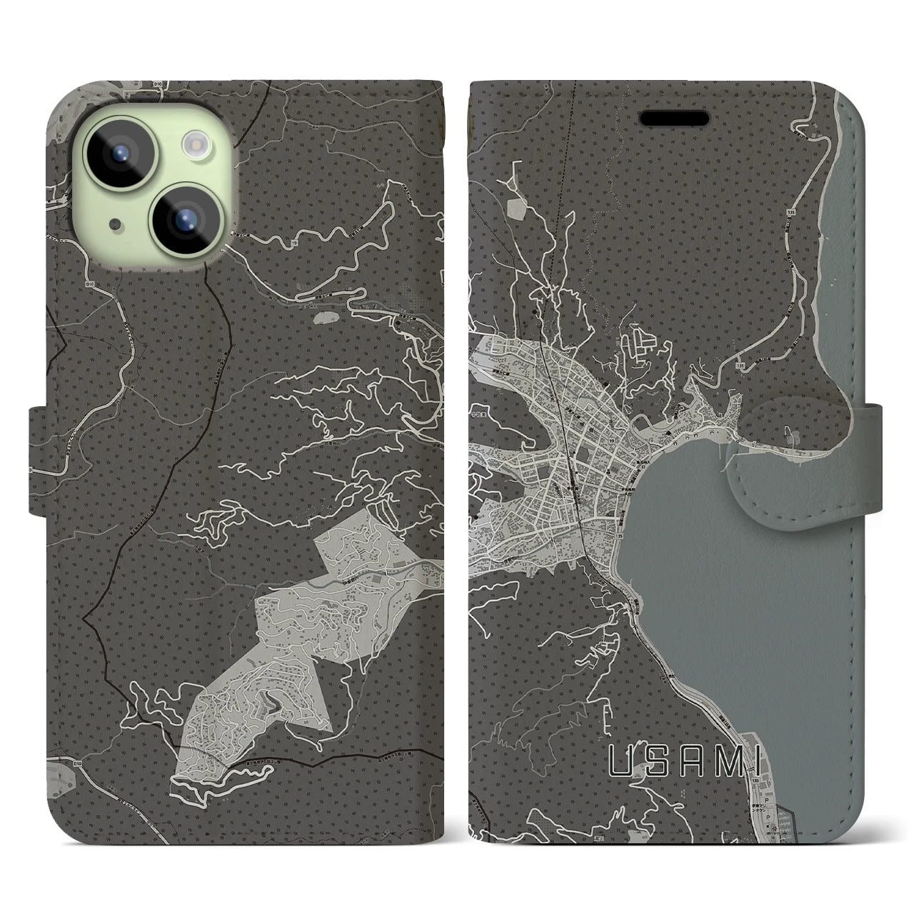 【宇佐美(静岡県)】地図柄iPhoneケース(手帳タイプ)モノトーン・iPhone 15 用
