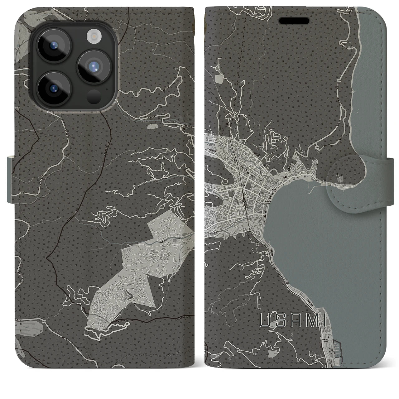 【宇佐美(静岡県)】地図柄iPhoneケース(手帳タイプ)モノトーン・iPhone 15 Pro Max 用