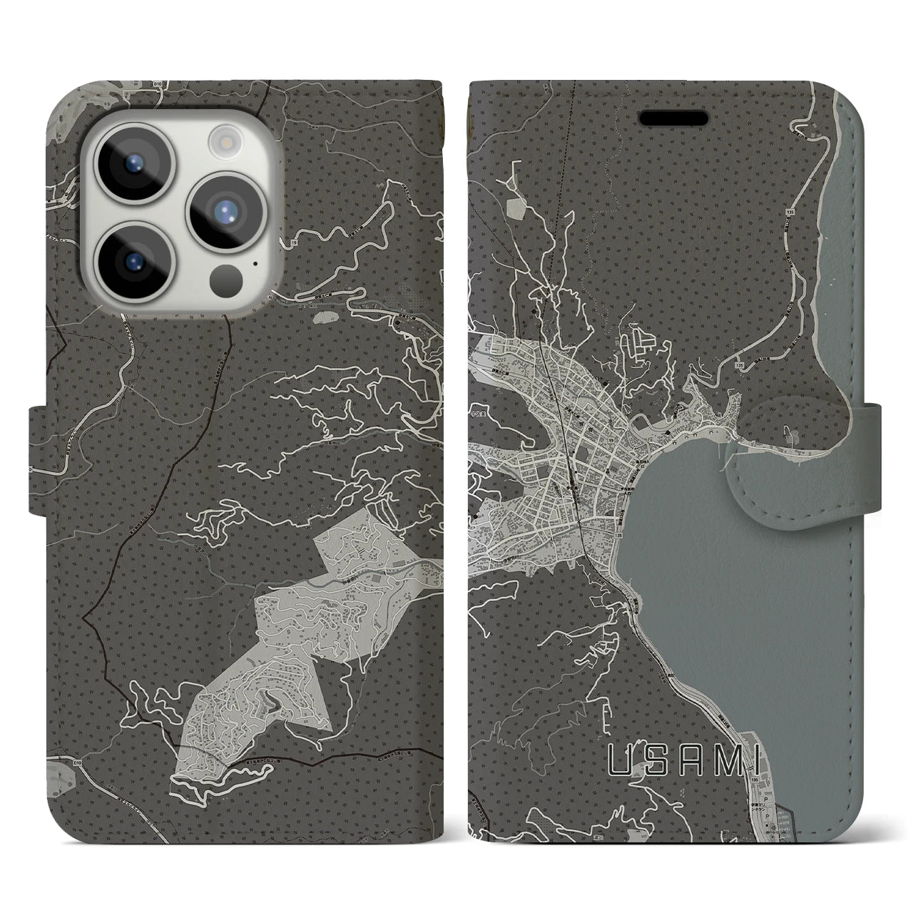 【宇佐美(静岡県)】地図柄iPhoneケース(手帳タイプ)モノトーン・iPhone 15 Pro 用