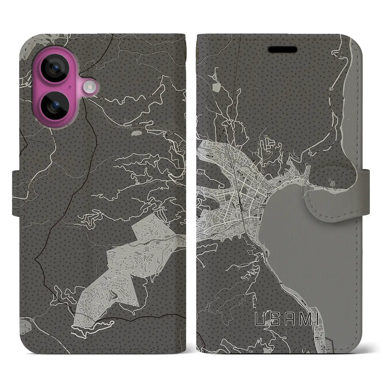 【宇佐美(静岡県)】地図柄iPhoneケース(手帳タイプ)モノトーン・iPhone 16 Pro 用