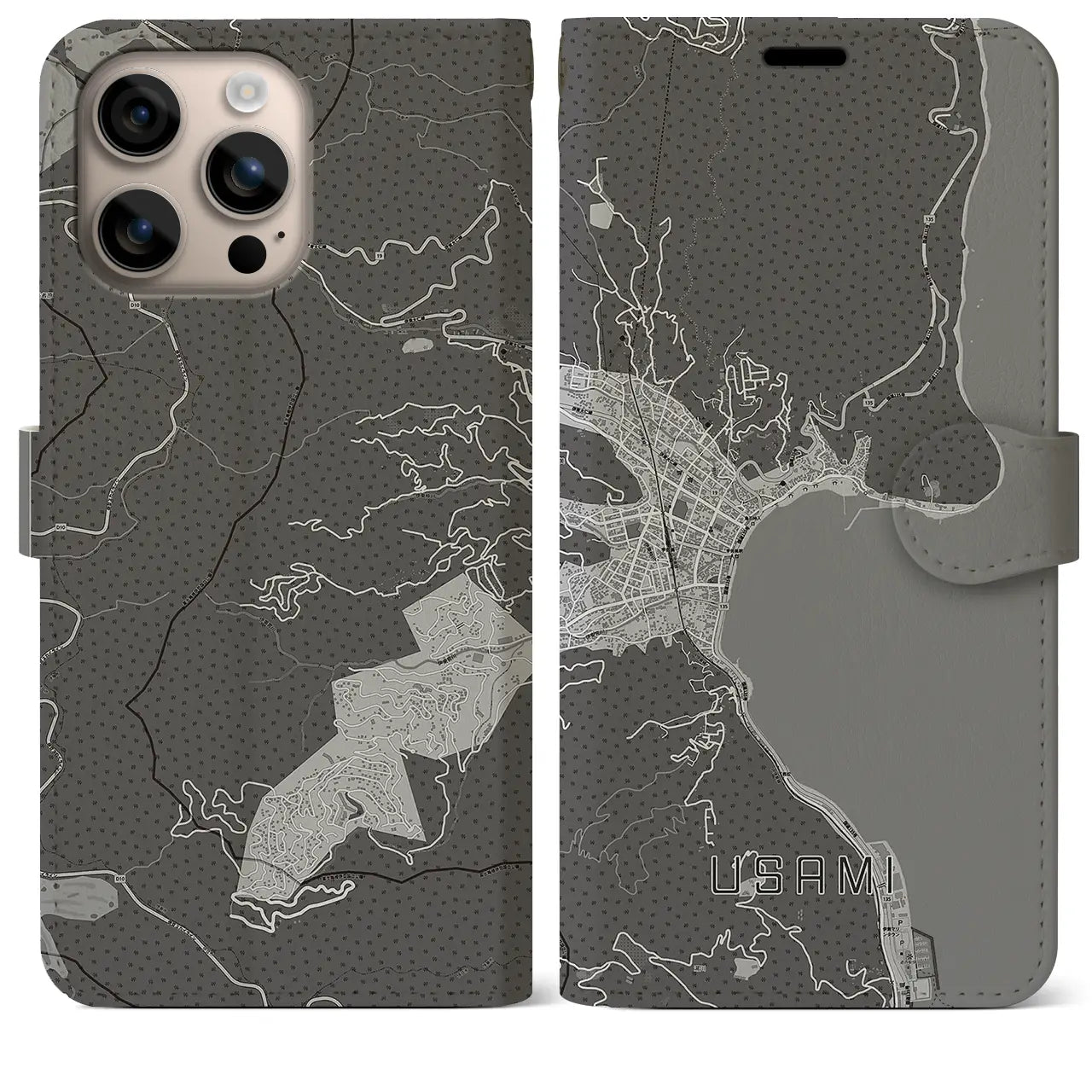 【宇佐美(静岡県)】地図柄iPhoneケース(手帳タイプ)モノトーン・iPhone 16 Plus 用