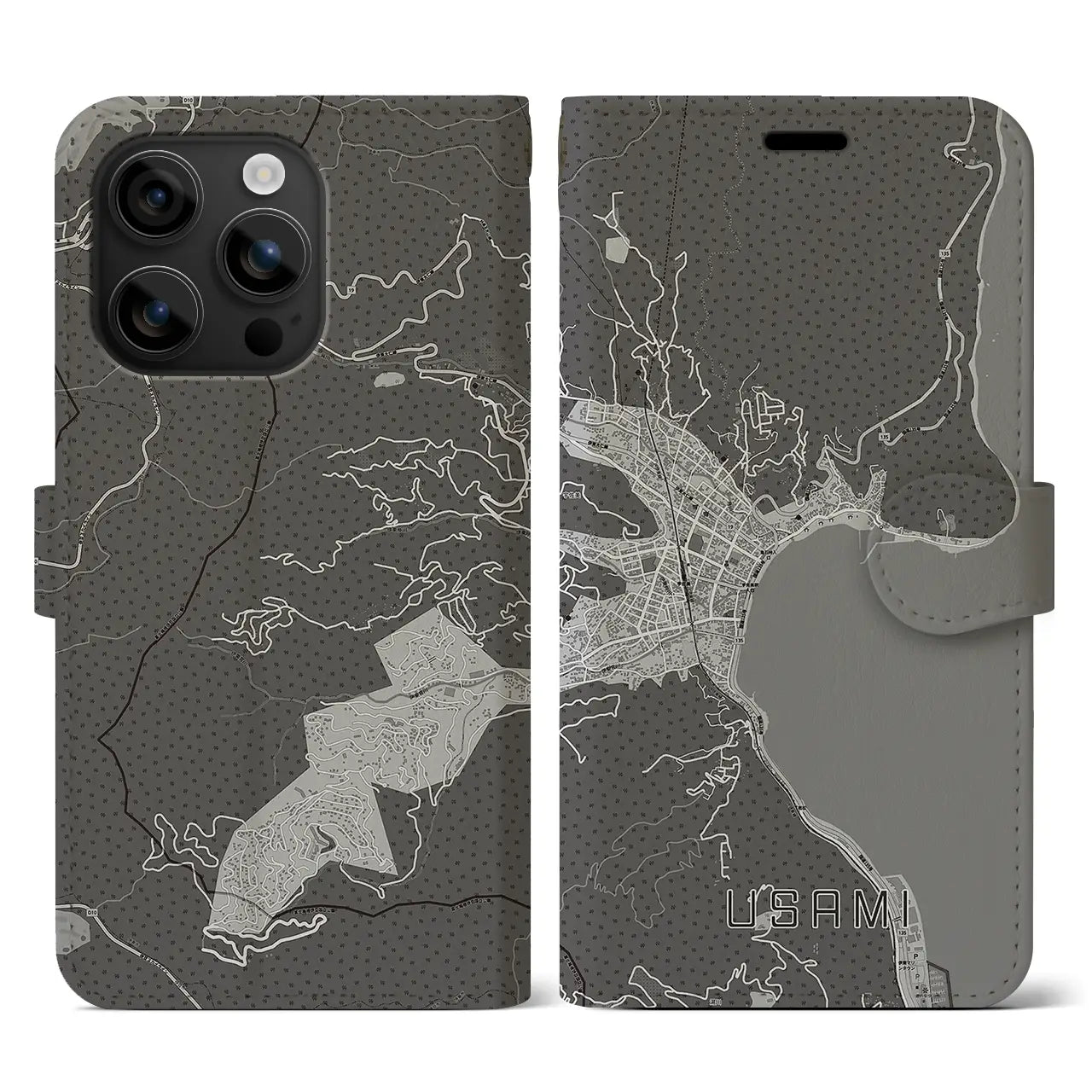 【宇佐美(静岡県)】地図柄iPhoneケース(手帳タイプ)モノトーン・iPhone 16 用