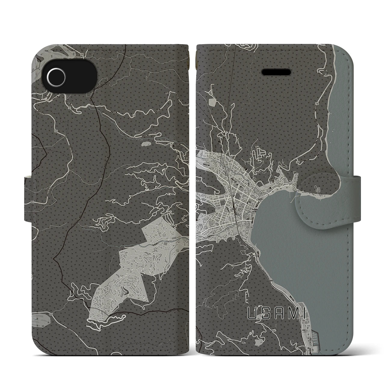 【宇佐美(静岡県)】地図柄iPhoneケース(手帳タイプ)モノトーン・iPhone SE(第3 / 第2世代) / 8 / 7 / 6s / 6 用