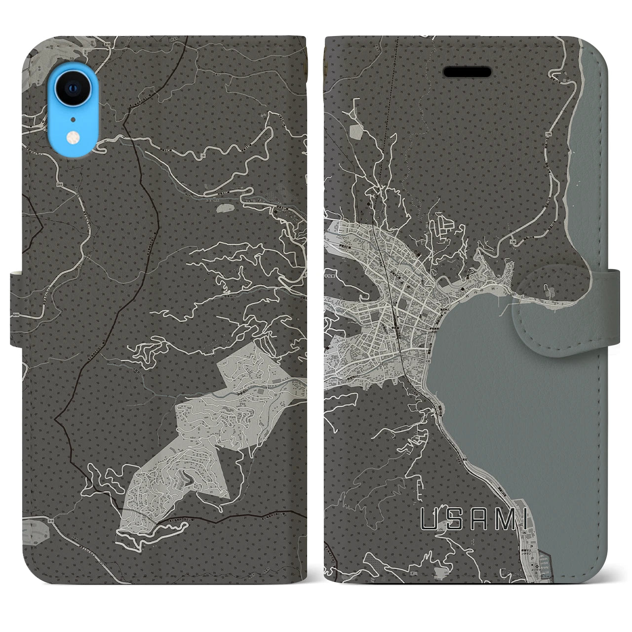 【宇佐美(静岡県)】地図柄iPhoneケース(手帳タイプ)モノトーン・iPhone XR 用