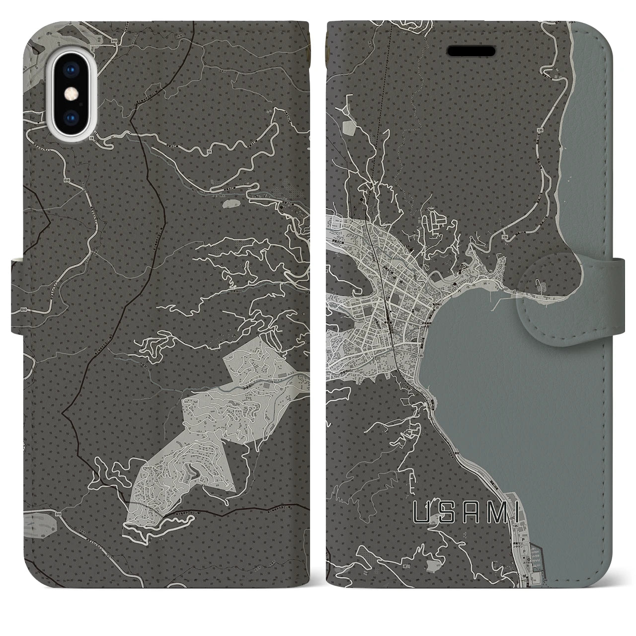 【宇佐美(静岡県)】地図柄iPhoneケース(手帳タイプ)モノトーン・iPhone XS Max 用