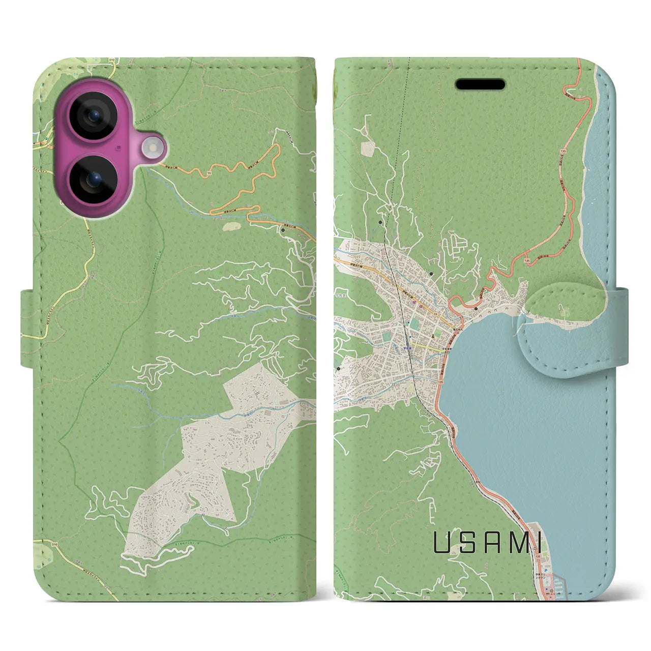 【宇佐美(静岡県)】地図柄iPhoneケース(手帳タイプ)ナチュラル・iPhone 16 Pro 用