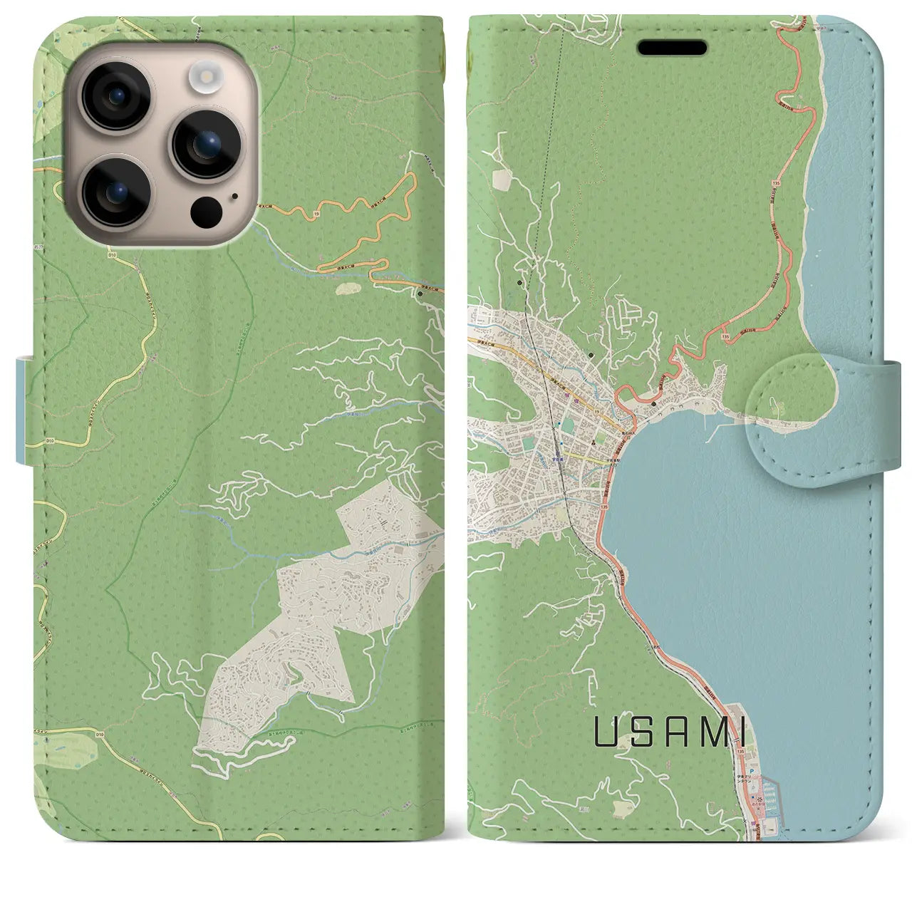 【宇佐美(静岡県)】地図柄iPhoneケース(手帳タイプ)ナチュラル・iPhone 16 Plus 用