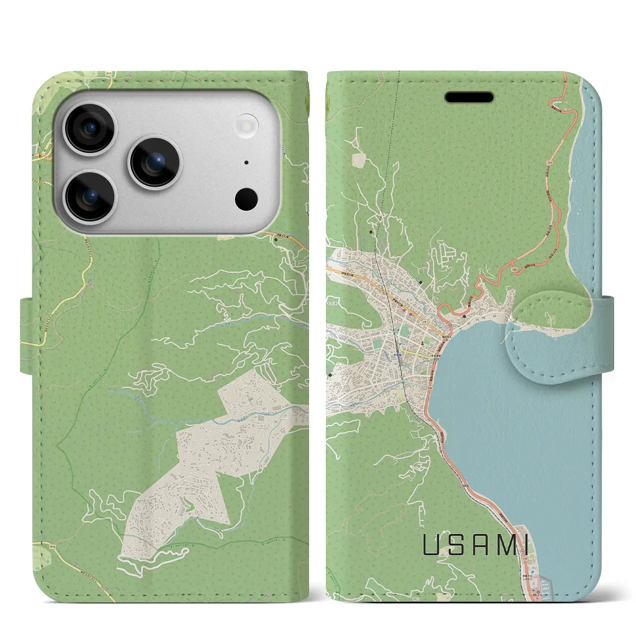 【宇佐美(静岡県)】地図柄iPhoneケース(手帳タイプ)モノトーン・iPhone 17 Pro Max 用