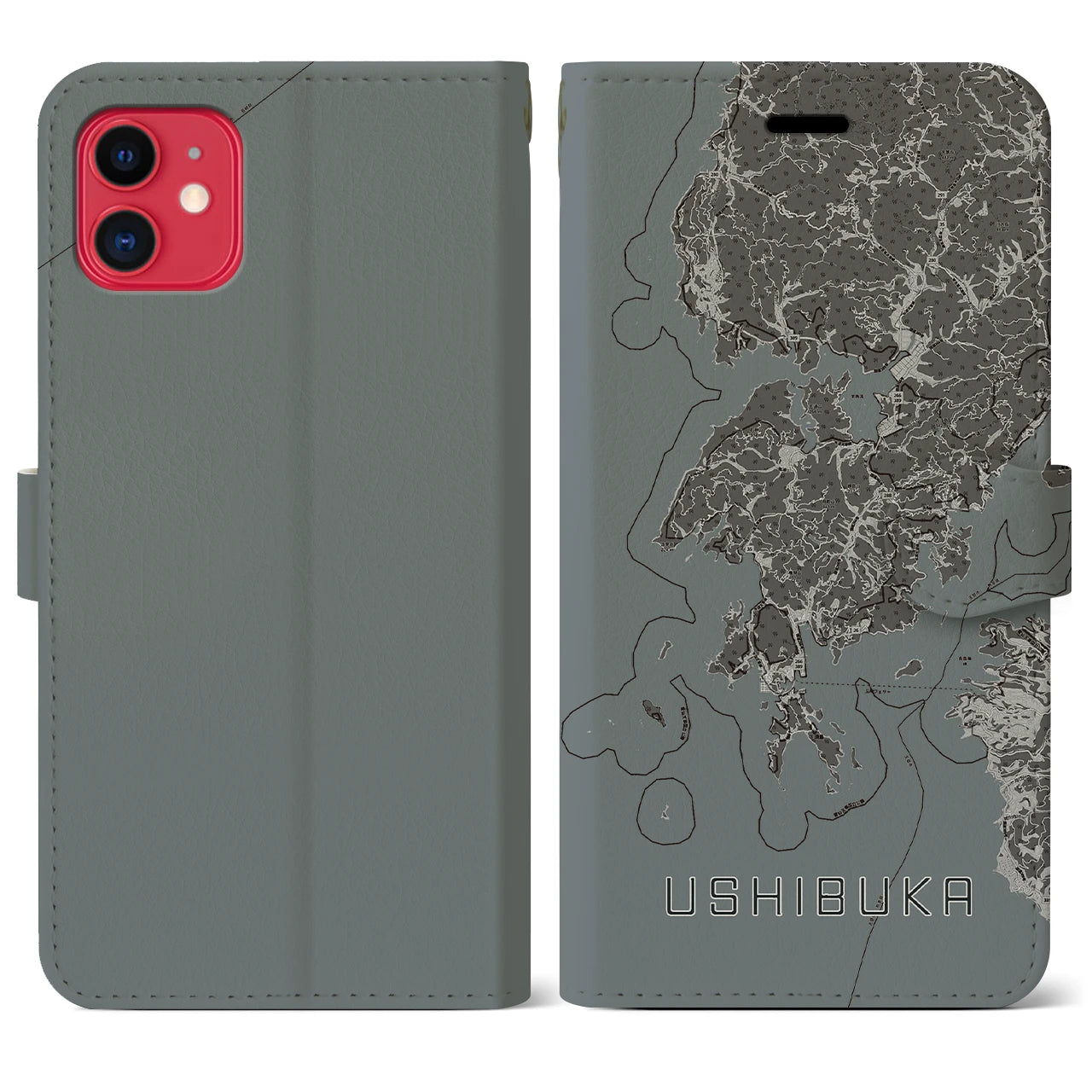 【牛深(熊本県)】地図柄iPhoneケース(手帳タイプ)モノトーン・iPhone 11 用