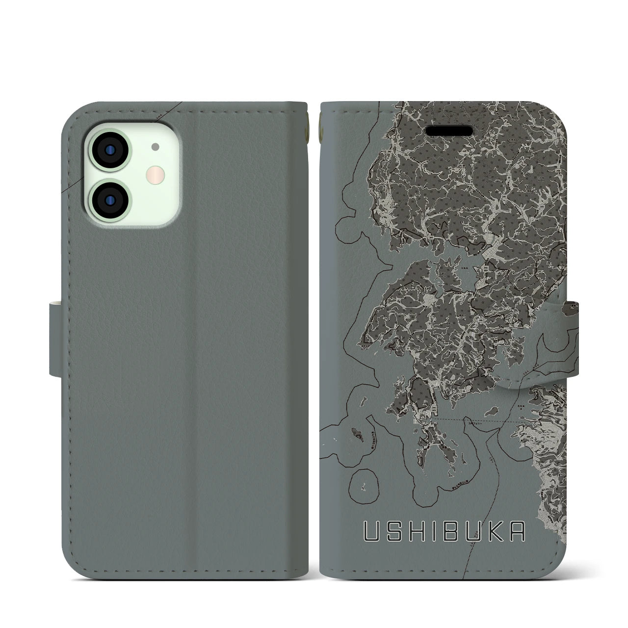 【牛深(熊本県)】地図柄iPhoneケース(手帳タイプ)モノトーン・iPhone 12 mini 用