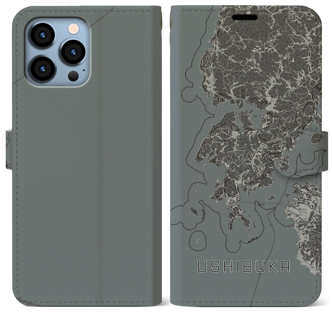 【牛深(熊本県)】地図柄iPhoneケース(手帳タイプ)モノトーン・iPhone 13 Pro Max 用