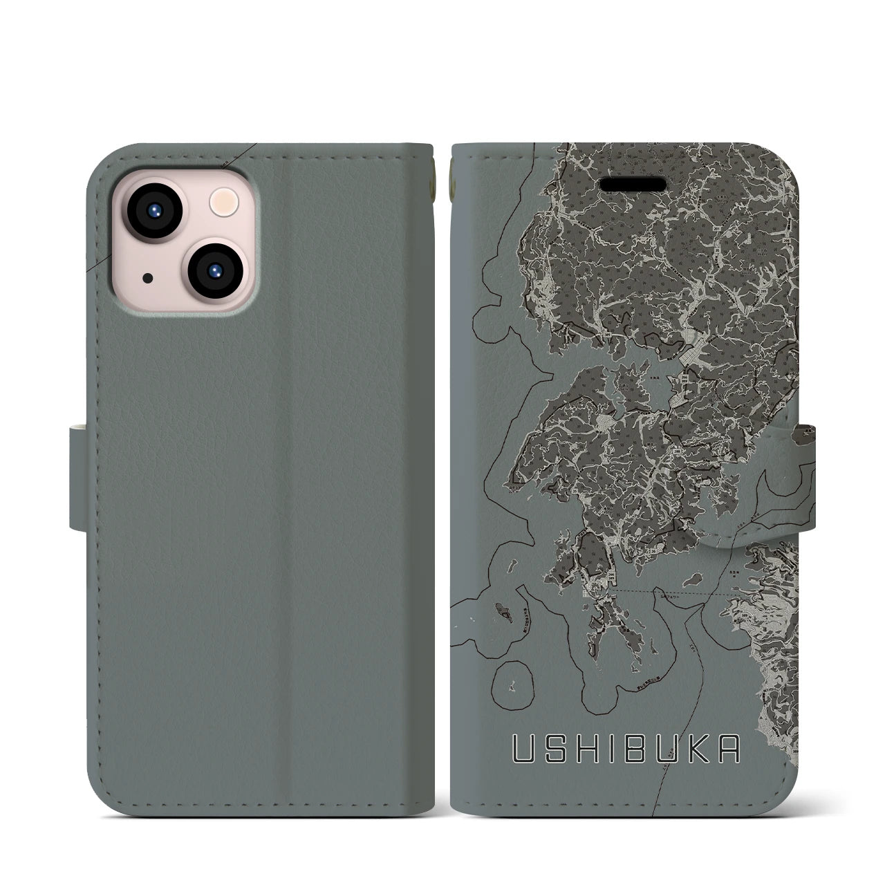 【牛深(熊本県)】地図柄iPhoneケース(手帳タイプ)モノトーン・iPhone 13 mini 用