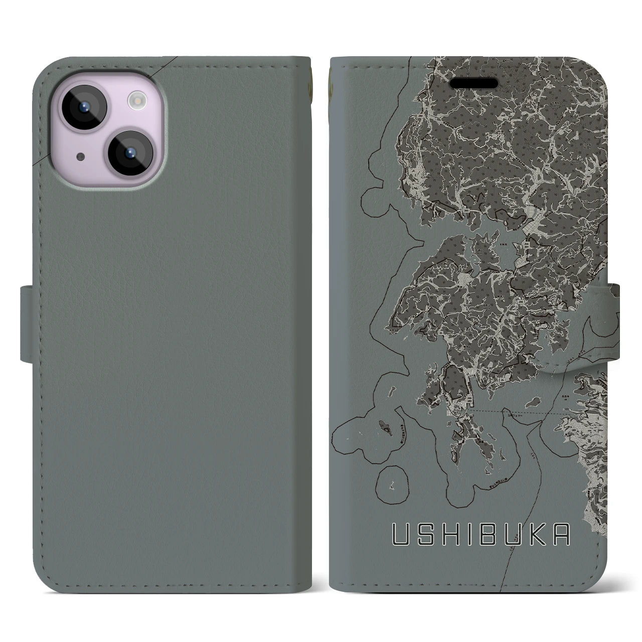 【牛深(熊本県)】地図柄iPhoneケース(手帳タイプ)モノトーン・iPhone 14 用