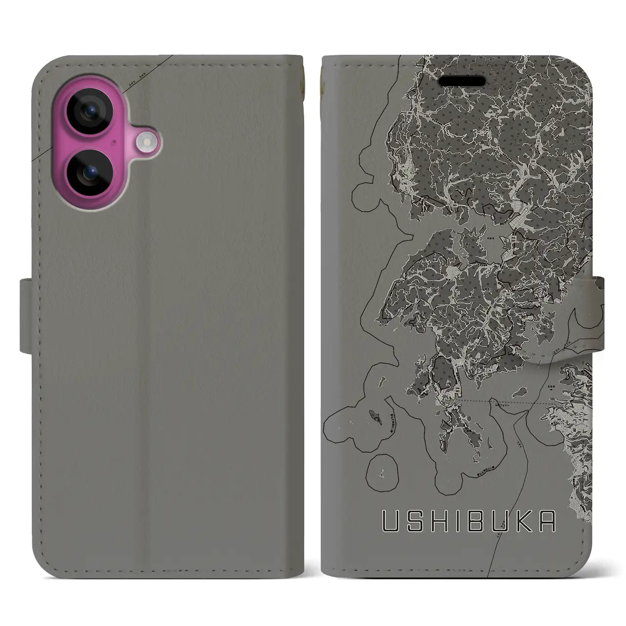 【牛深(熊本県)】地図柄iPhoneケース(手帳タイプ)モノトーン・iPhone 16 Pro 用