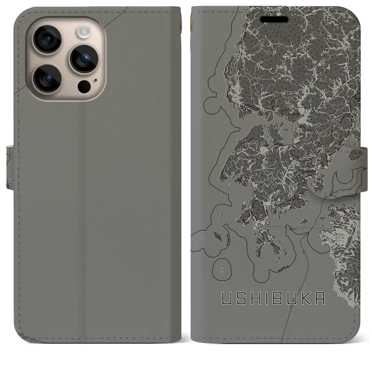 【牛深(熊本県)】地図柄iPhoneケース(手帳タイプ)モノトーン・iPhone 16 Plus 用