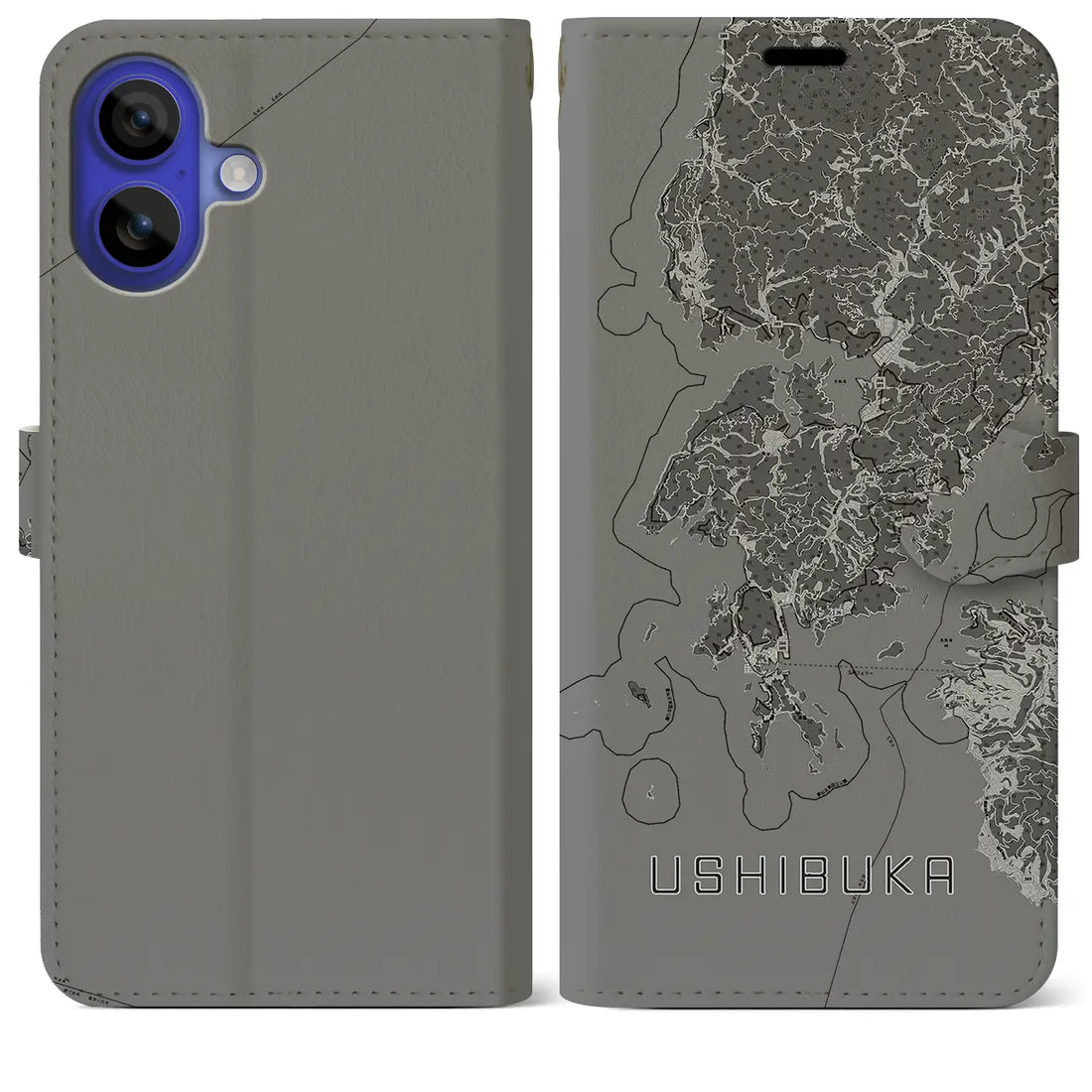 【牛深(熊本県)】地図柄iPhoneケース(手帳タイプ)モノトーン・iPhone 16 Pro Max 用